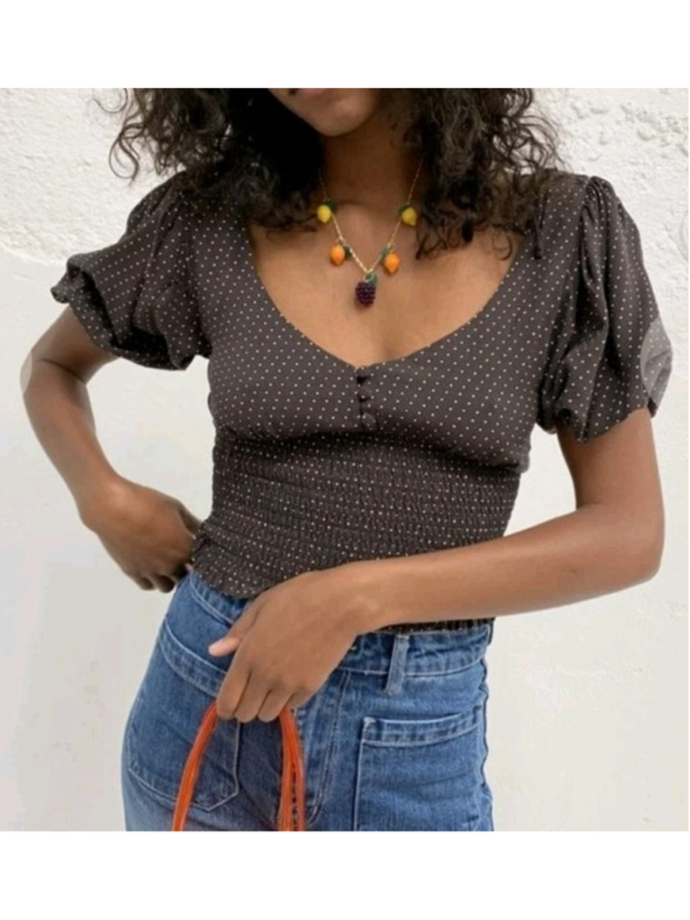 Auguste The Label Brown Polka Dot Puff Sleeve Smocked Crop Top Sz 2 Buttons Tie